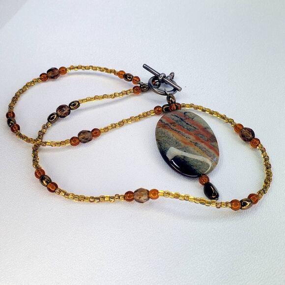 Artisan Picture Jasper Pendant Necklace w Honey Glass Beads & Toggle Clasp - Picture 4 of 7